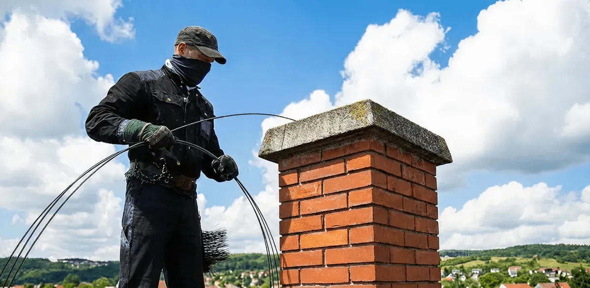 Chimney sweep cleaning a brick chimney with professional tools in Stamford, CT